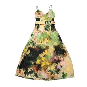 Lavender Brown Multicolor Floral Midi Dress With Matching Belt